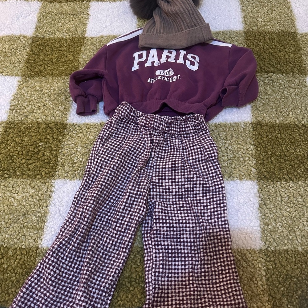Kids Burgundy 'Paris' Sweatshirt & Plaid Pants Matching Set